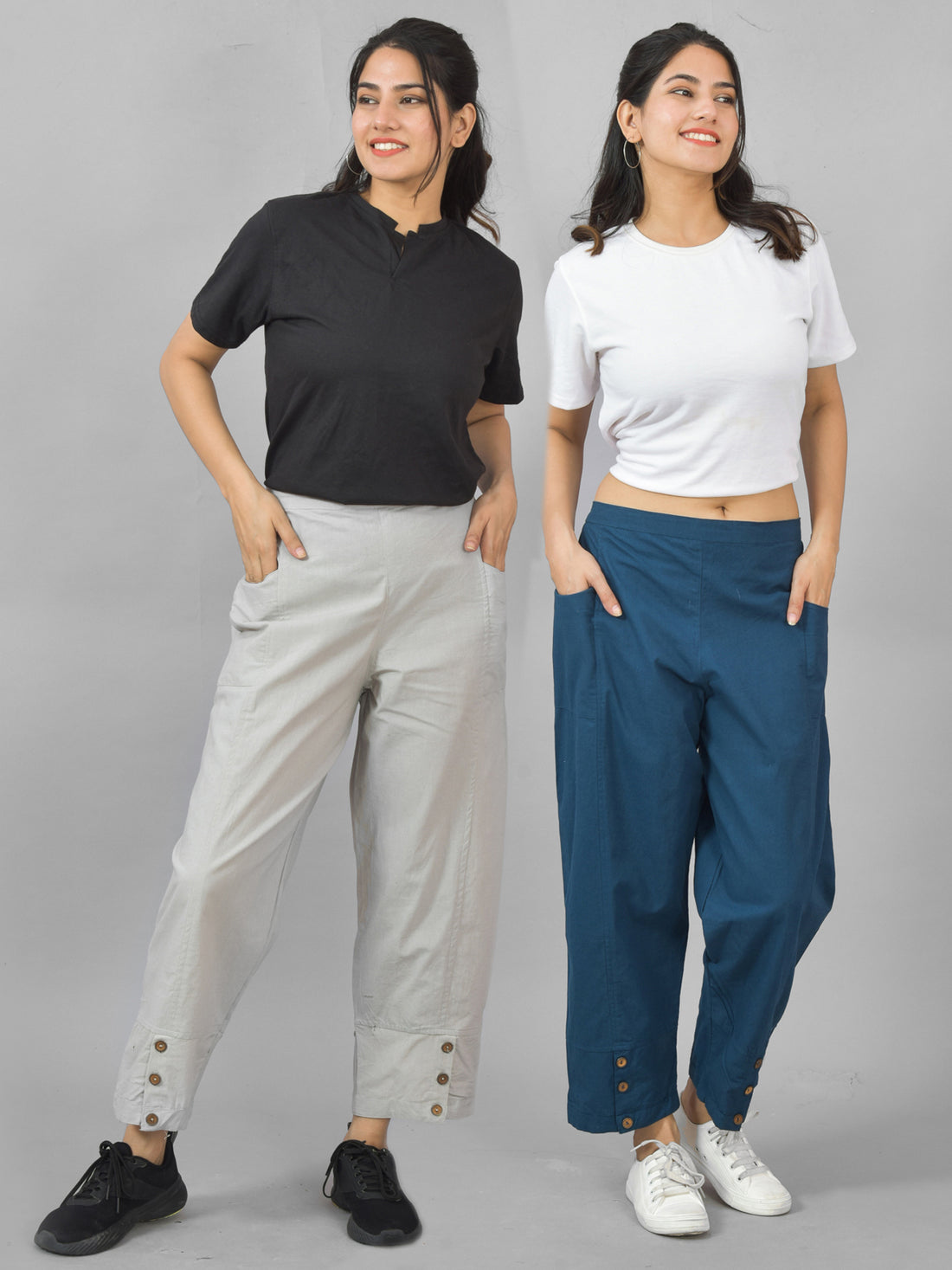 Combo Pack Of Womens Melange Grey And Teal Blue Side Pocket Straight Cargo Pants