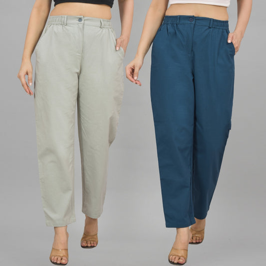 Combo Pack Of 2 Melange Grey And Teal Blue Womens Cotton Formal Pants