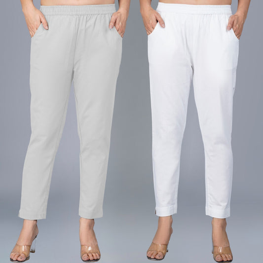 Pack Of 2 Womens Regular Fit Melange Grey And White Fully Elastic Waistband Cotton Trouser