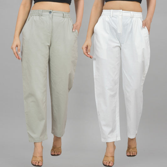 Combo Pack Of 2 Melange Grey And White Womens Cotton Formal Pants