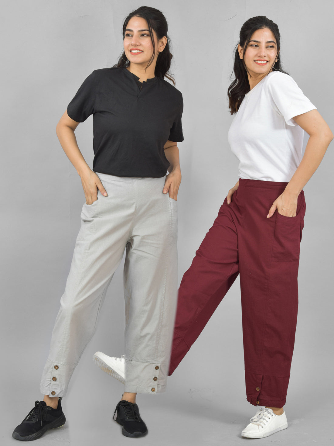 Combo Pack Of Womens Melange Grey And Wine Side Pocket Straight Cargo Pants