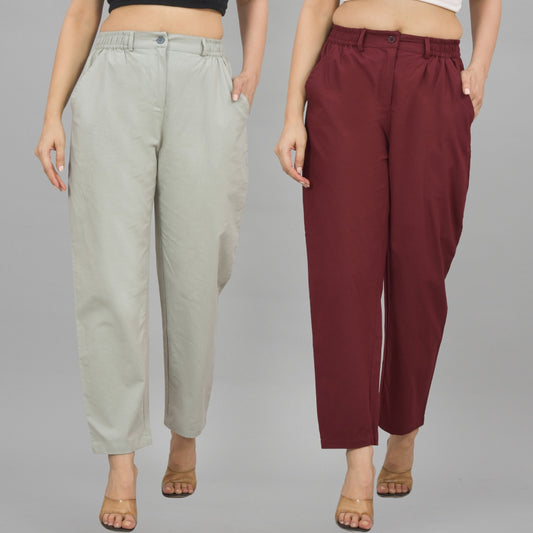 Combo Pack Of 2 Melange Grey And Wine Womens Cotton Formal Pants