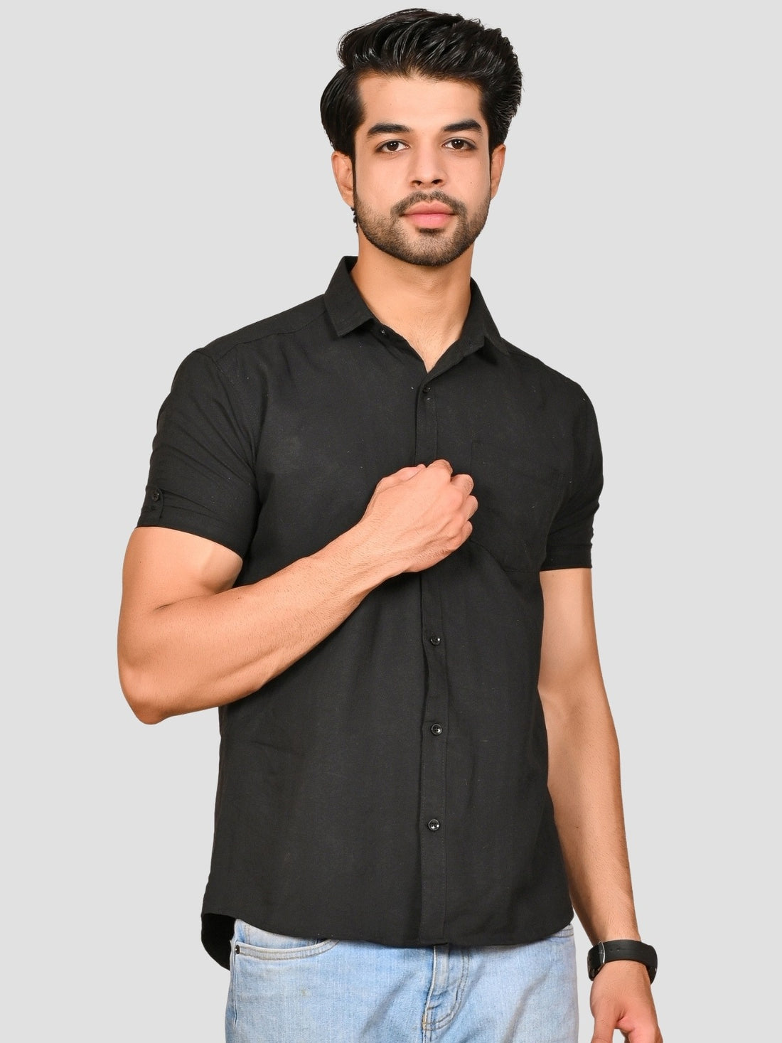 Black And Beige Half Sleeve Linen Shirt Combo