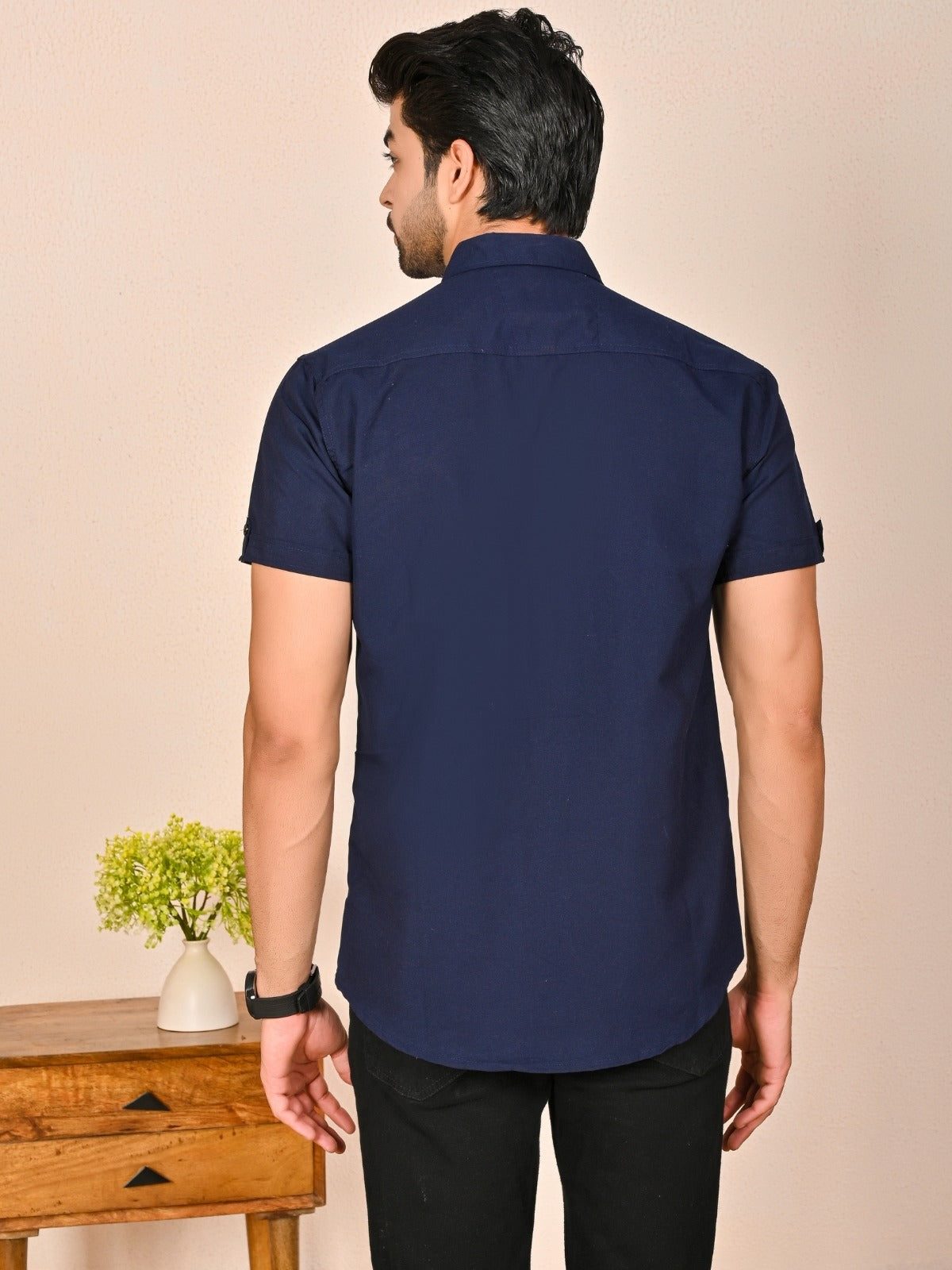 Mens solid Navy Blue Half Sleeve Cotton shirt