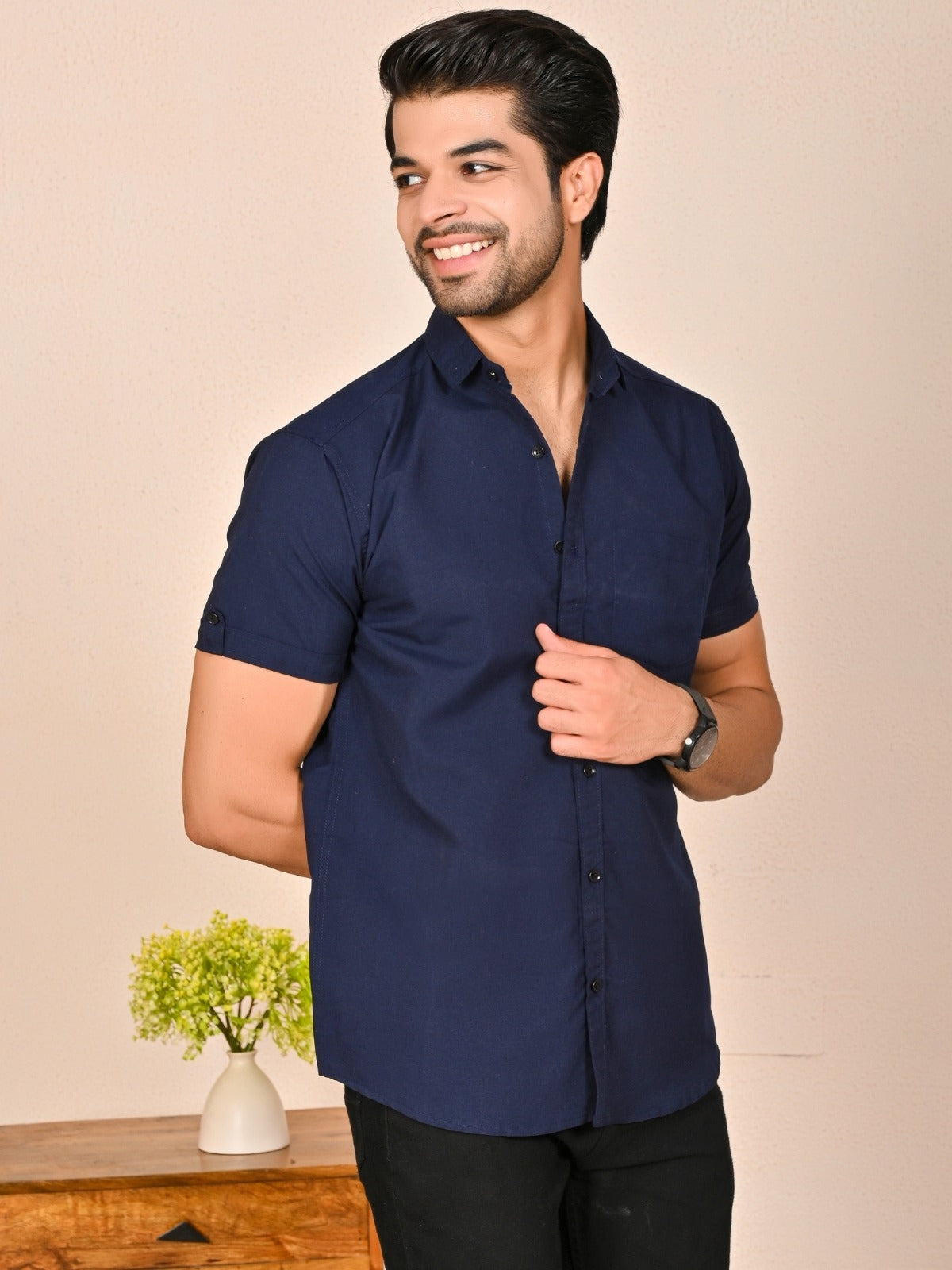 Mens solid Navy Blue Half Sleeve Cotton shirt