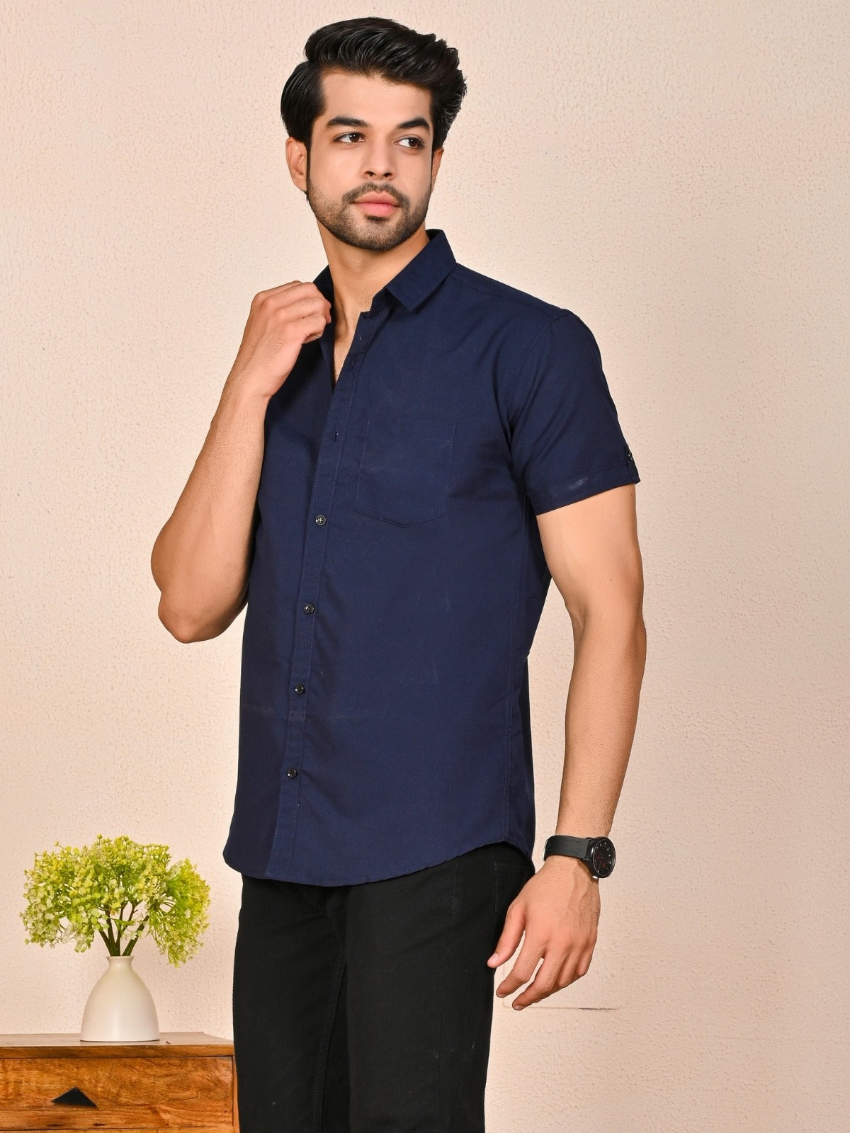 Mens solid Navy Blue Half Sleeve Cotton shirt