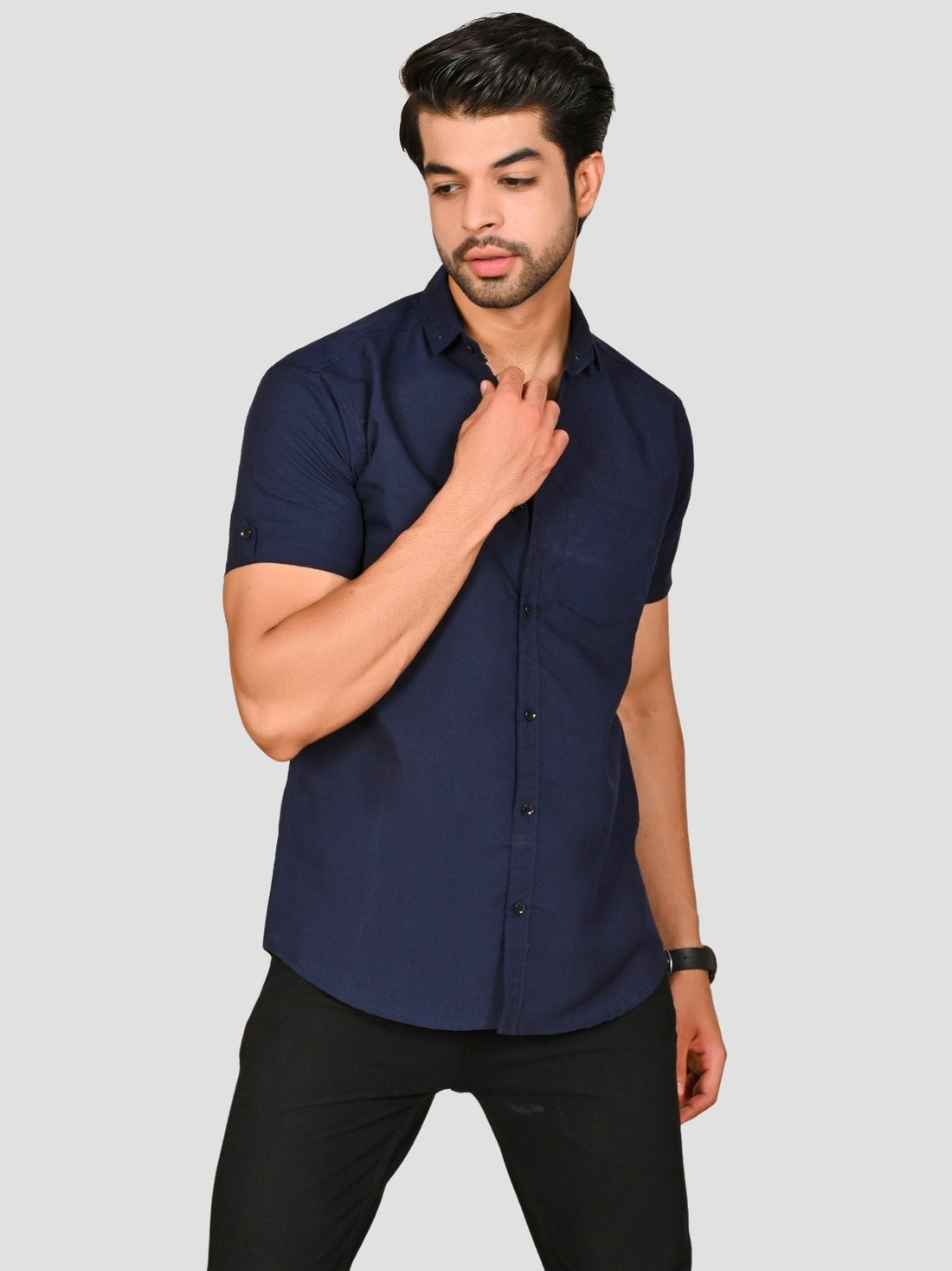 Navy Blue And Teal Blue Half Sleeve Linen Shirt Combo