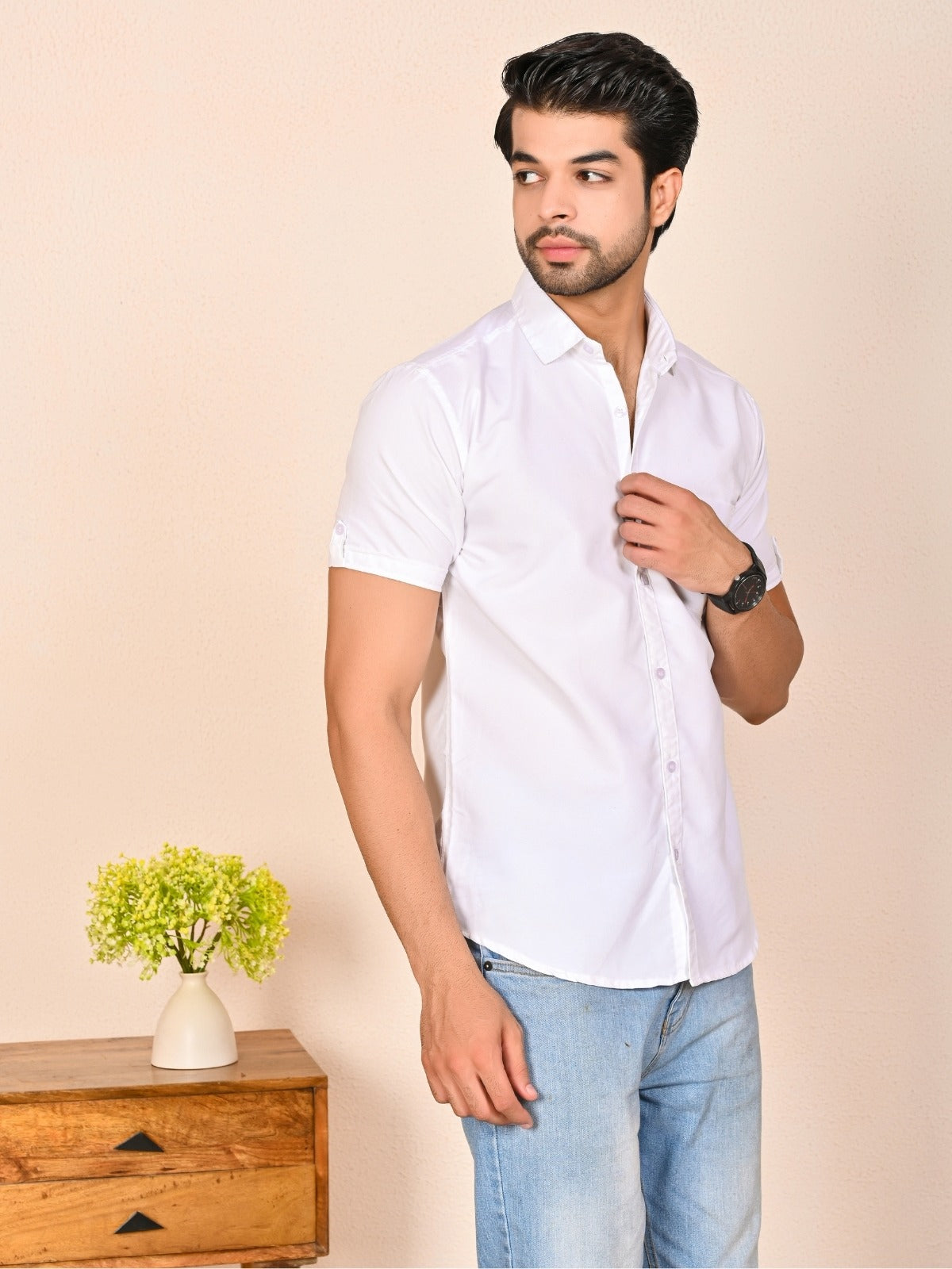 Mens solid White Half Sleeve Cotton shirt