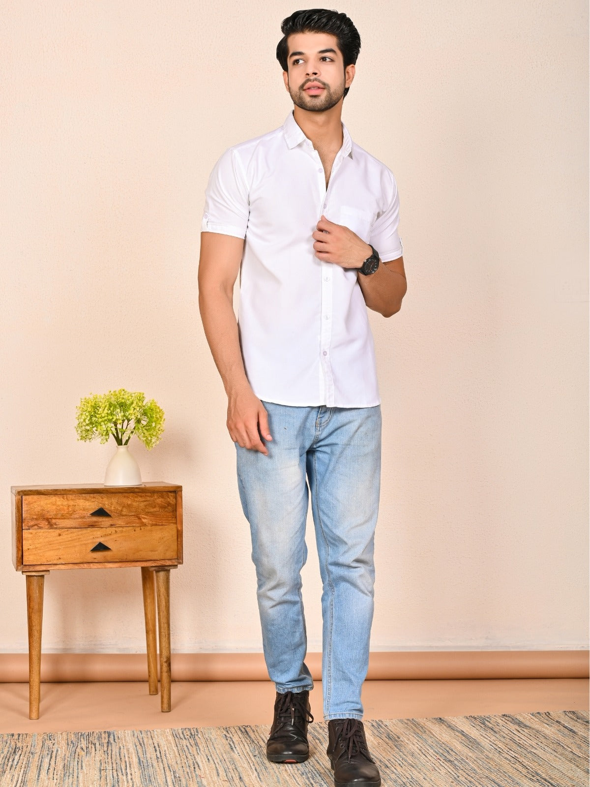 Mens solid White Half Sleeve Cotton shirt