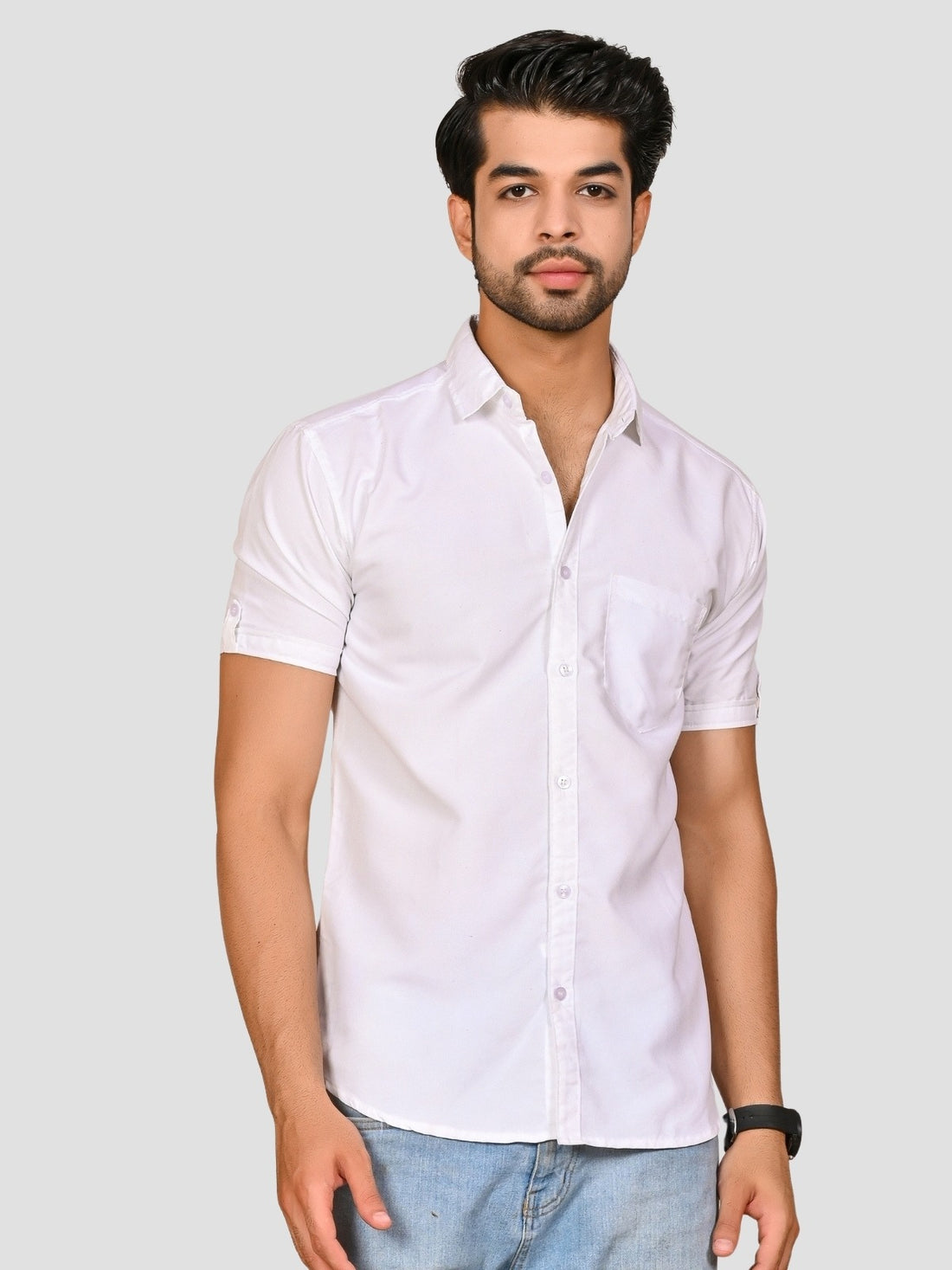 White And Teal Blue Half Sleeve Linen Shirt Combo