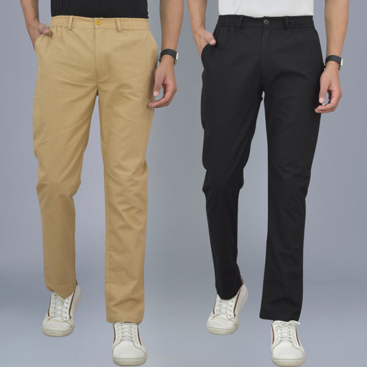 Pack Of 2 Beige And Black Airy Linen Summer Cool Cotton Comfort Pants For Men