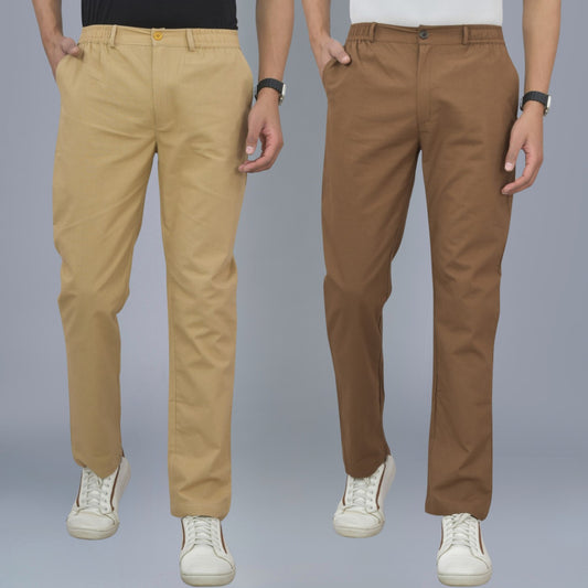 Pack Of 2 Beige And Brown Airy Linen Summer Cool Cotton Comfort Pants For Men
