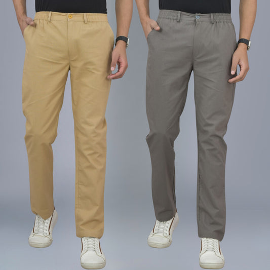 Pack Of 2 Beige And Grey Airy Linen Summer Cool Cotton Comfort Pants For Men