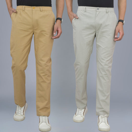 Pack Of 2 Beige And Melange Grey Airy Linen Summer Cool Cotton Comfort Pants For Men
