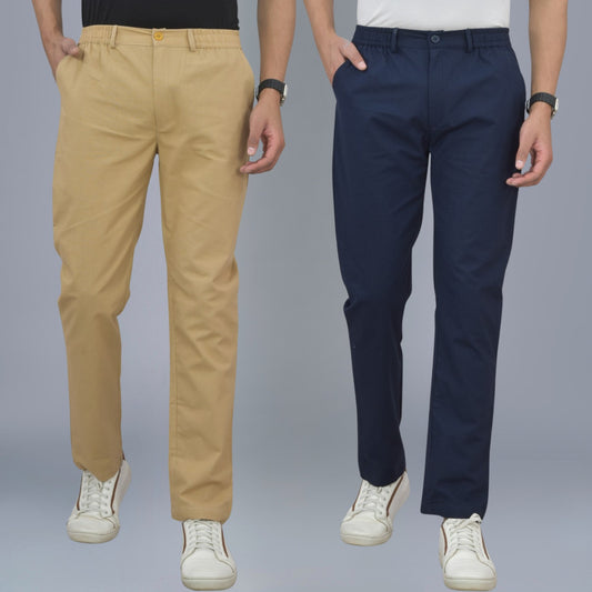 Pack Of 2 Beige And Navy Blue Airy Linen Summer Cool Cotton Comfort Pants For Men