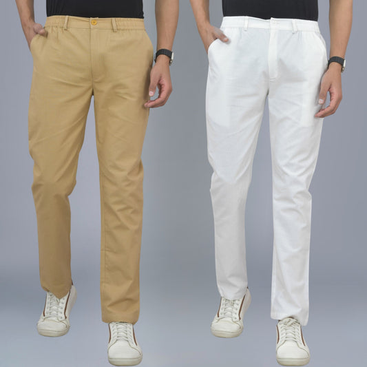 Pack Of 2 Beige And White Airy Linen Summer Cool Cotton Comfort Pants For Men