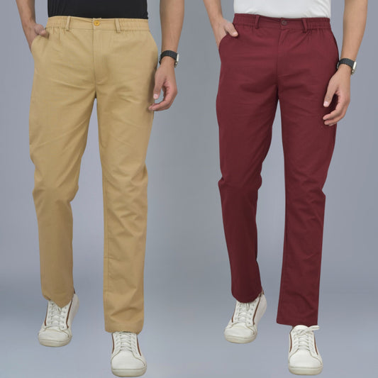 Pack Of 2 Beige And Wine Airy Linen Summer Cool Cotton Comfort Pants For Men
