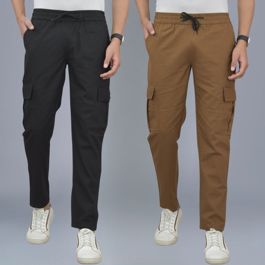 Pack Of 2 Mens Black And Brown Twill Straight Cargo Pants Combo