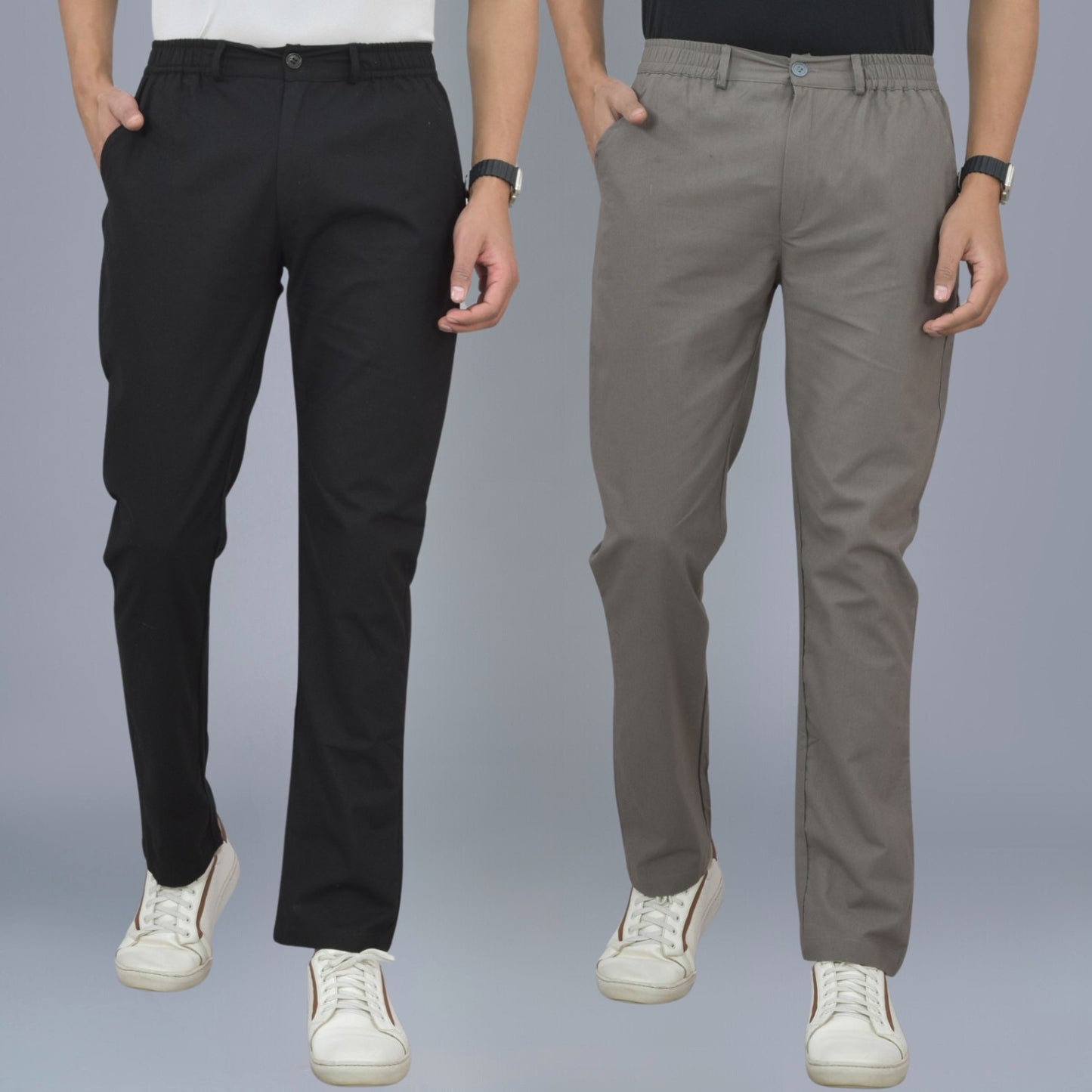 Combo Pack Of Mens Black And Grey Regualr Fit Cotton Trousers