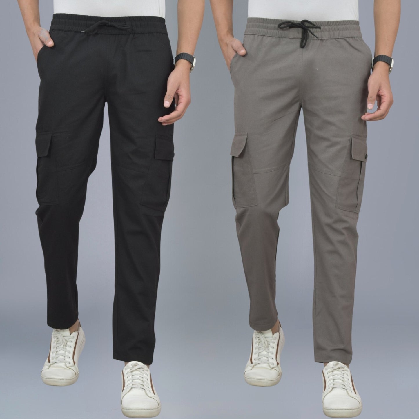 Pack Of 2 Mens Black And Grey Twill Straight Cargo Pants Combo