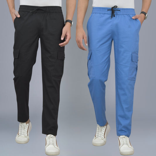 Pack Of 2 Mens Black And Blue Twill Straight Cargo Pants Combo