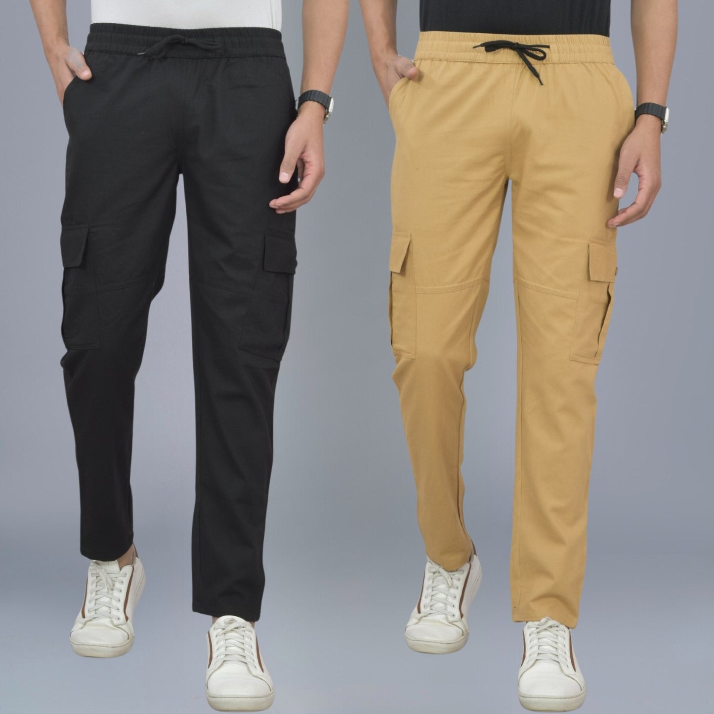 Pack Of 2 Mens Black And Khaki Twill Straight Cargo Pants Combo