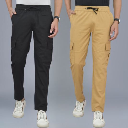 Pack Of 2 Mens Black And Khaki Twill Straight Cargo Pants Combo