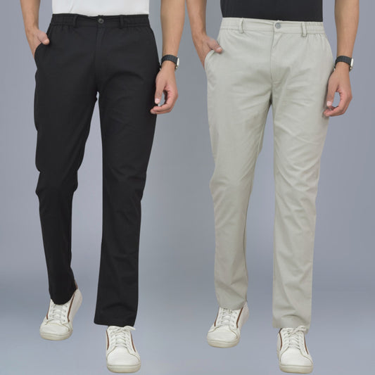 Pack Of 2 Black And Melange Grey Airy Linen Summer Cool Cotton Comfort Pants For Men