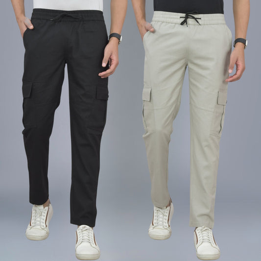 Pack Of 2 Mens Black And Melange Grey Twill Straight Cargo Pants Combo