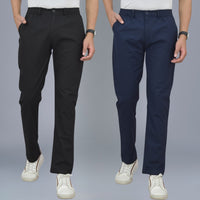 Combo Pack Of Mens Black And Navy Blue Regualr Fit Cotton Trousers