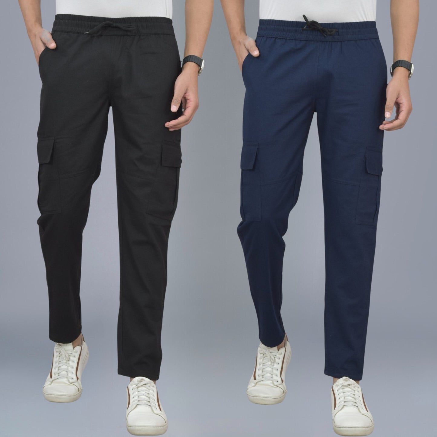 Pack Of 2 Mens Black And Navy Blue Twill Straight Cargo Pants Combo