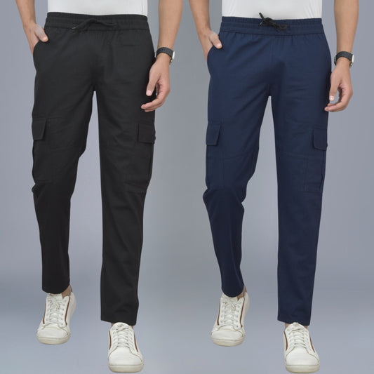 Pack Of 2 Mens Black And Navy Blue Twill Straight Cargo Pants Combo