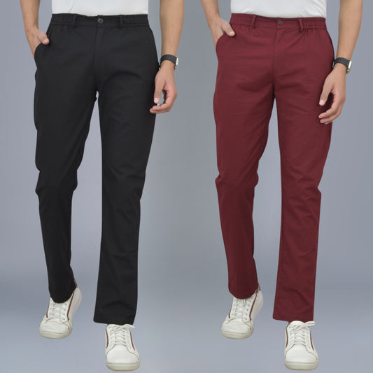 Pack Of 2 Black And Wine Airy Linen Summer Cool Cotton Comfort Pants For Men