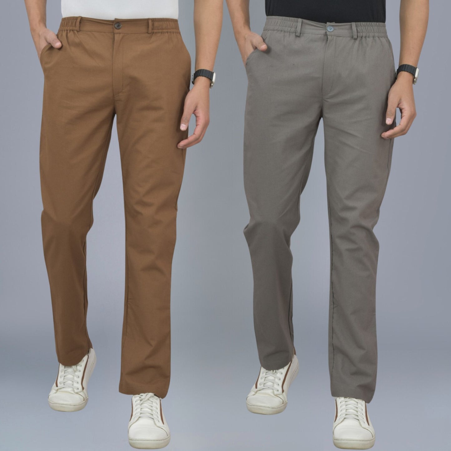 Combo Pack Of Mens Brown And Grey Regualr Fit Cotton Trouser