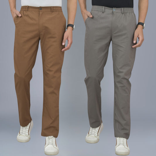 Pack Of 2 Brown And Grey Airy Linen Summer Cool Cotton Comfort Pants For Men