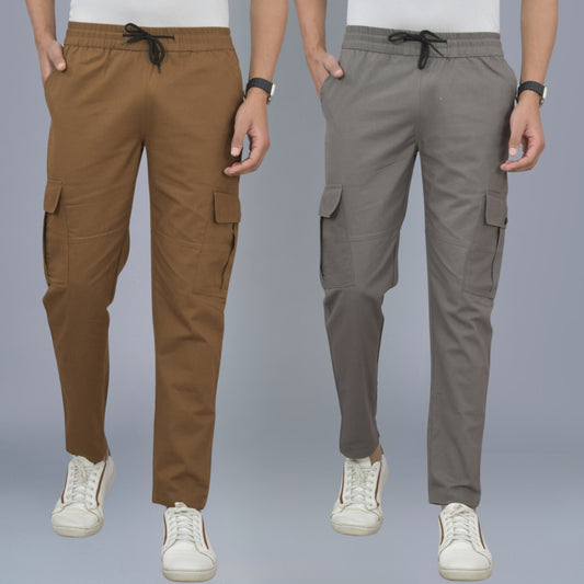 Pack Of 2 Mens Brown And Grey Twill Straight Cargo Pants Combo