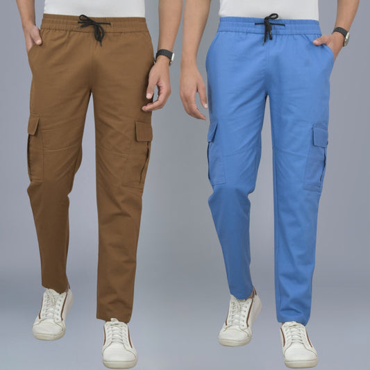 Pack Of 2 Mens Brown And Blue Twill Straight Cargo Pants Combo