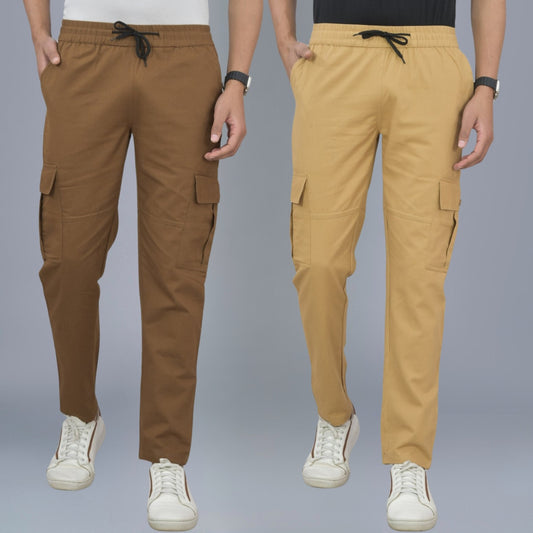 Pack Of 2 Mens Brown And Khaki Twill Straight Cargo Pants Combo