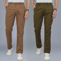 Pack Of 2 Brown And Mehendi Green Airy Linen Summer Cool Cotton Comfort Pants For Men