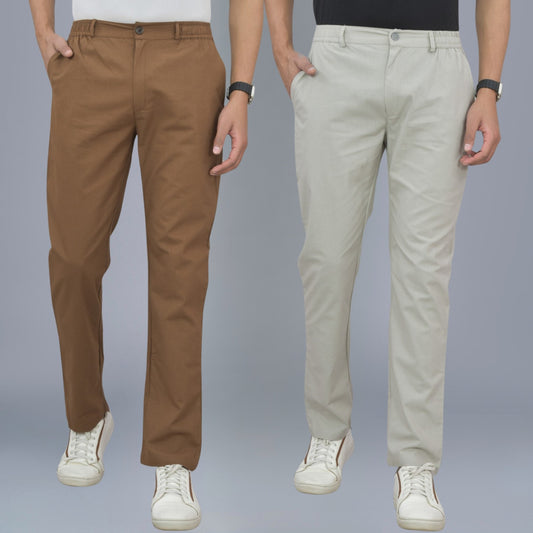 Pack Of 2 Brown And Melange Grey Airy Linen Summer Cool Cotton Comfort Pants For Men