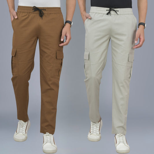 Pack Of 2 Mens Brown And Melange Grey Twill Straight Cargo Pants Combo