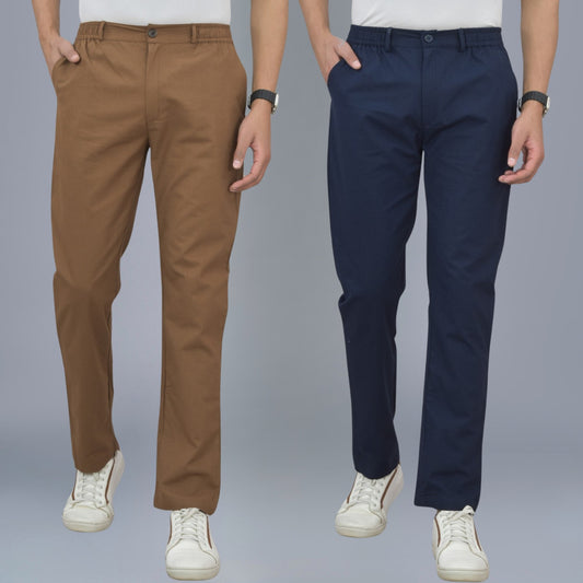 Pack Of 2 Brown And Navy Blue Airy Linen Summer Cool Cotton Comfort Pants For Men