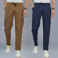 Pack Of 2 Mens Brown And Navy Blue Twill Straight Cargo Pants Combo