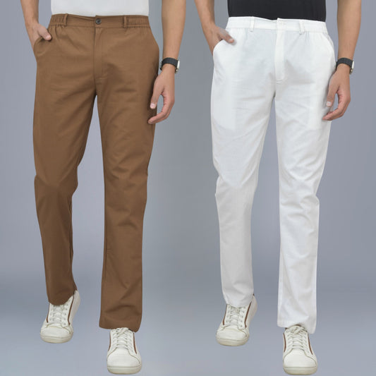 Pack Of 2 Brown And White Airy Linen Summer Cool Cotton Comfort Pants For Men