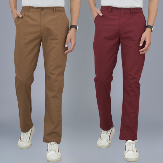 Pack Of 2 Brown And Wine Airy Linen Summer Cool Cotton Comfort Pants For Men