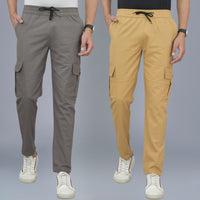 Pack Of 2 Mens Grey And Khaki Twill Straight Cargo Pants Combo