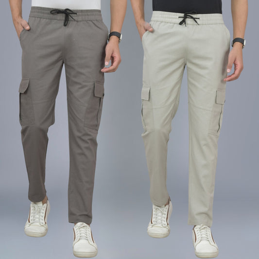 Pack Of 2 Mens Grey And Melange Grey Twill Straight Cargo Pants Combo