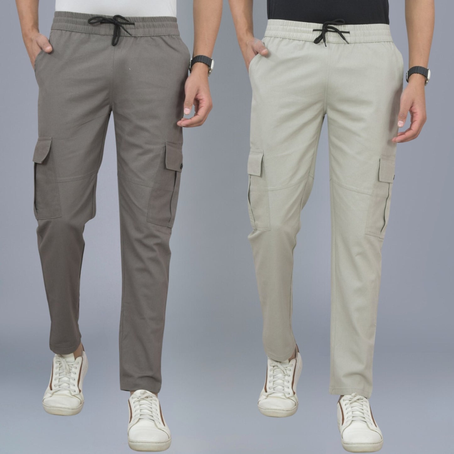 Pack Of 2 Mens Grey And Melange Grey Twill Straight Cargo Pants Combo