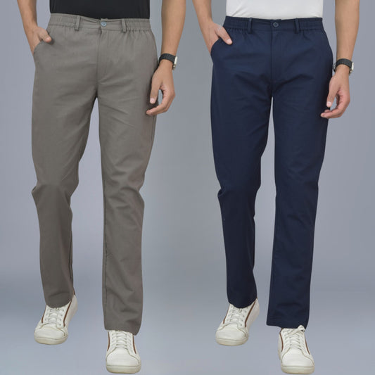 Pack Of 2 Grey And Navy Blue Airy Linen Summer Cool Cotton Comfort Pants For Men