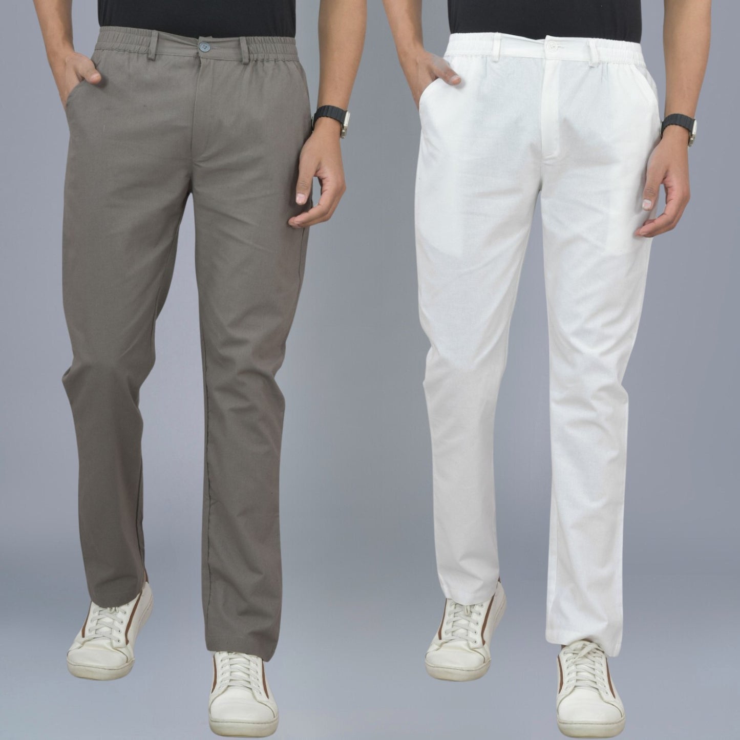 Pack Of 2 Grey And White Airy Linen Summer Cool Cotton Comfort Pants For Men